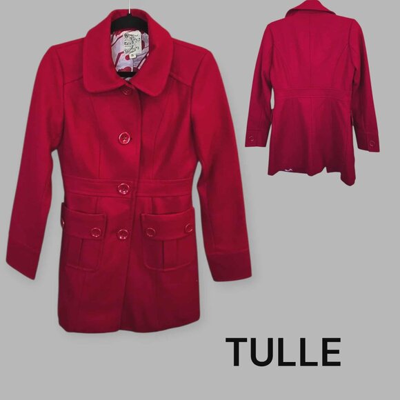 TULLE Red Peacoat Jacket Wool Blend Womens Small - Picture 1 of 16
